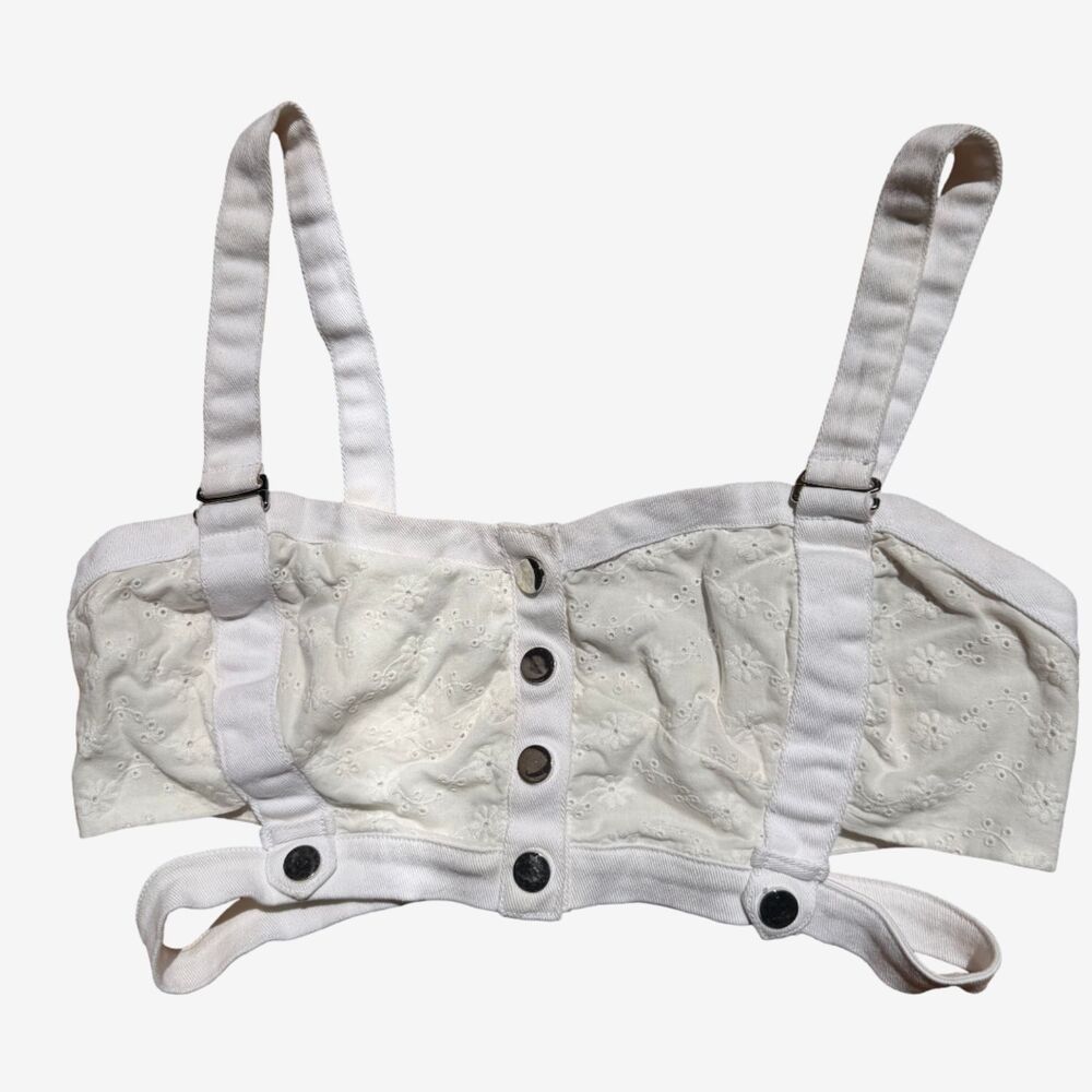 For Love & Lemons Skivvies White Eyelet Bustier Crop Top Snap Front Harness Sz L